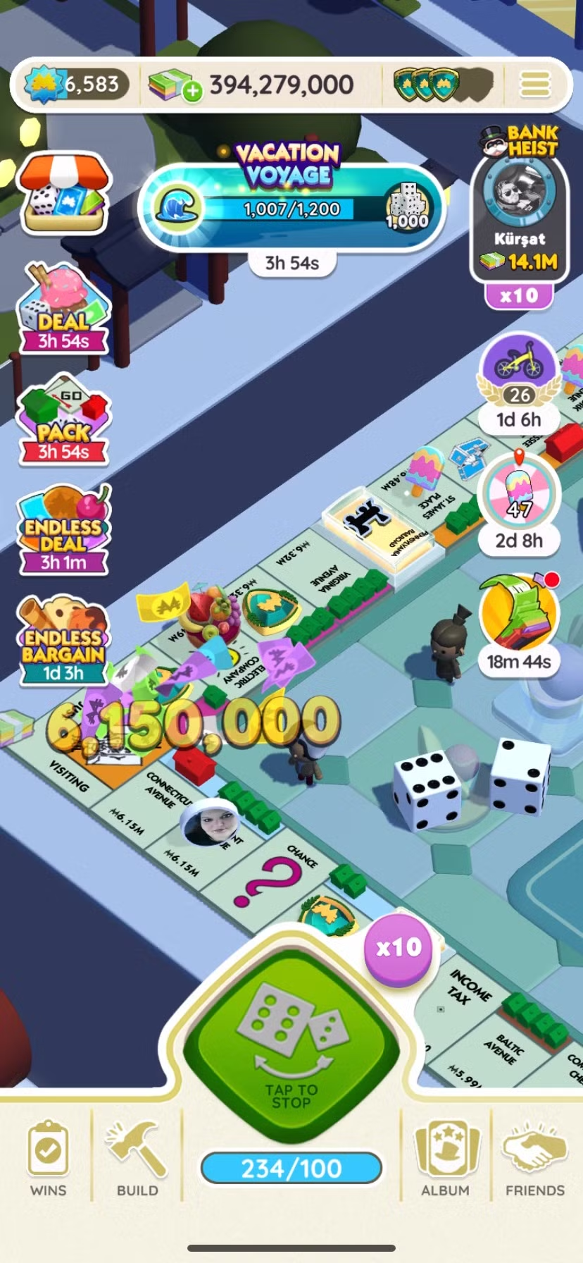 Monopoly Go gameplay with dice rolls